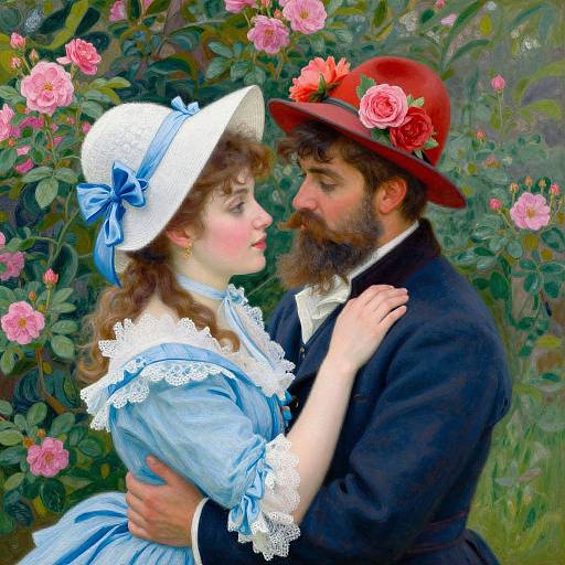 Vibrant digital painting of a bearded man in black suit and red hat, embracing a woman in blue lace dress and white hat, surrounded by