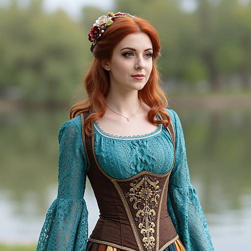 Photorealistic digital image of a fair-skinned, red-haired woman with a floral headband, wearing a turquoise lace dress and brown corset with