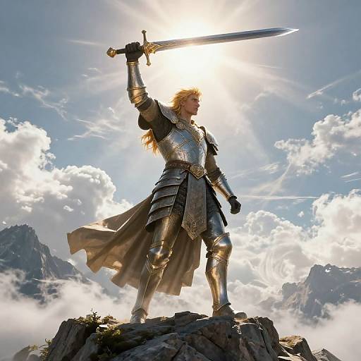 Epic photograph of a blonde, armored warrior with a raised sword, standing on a rocky peak, sunlight and clouds in the background.