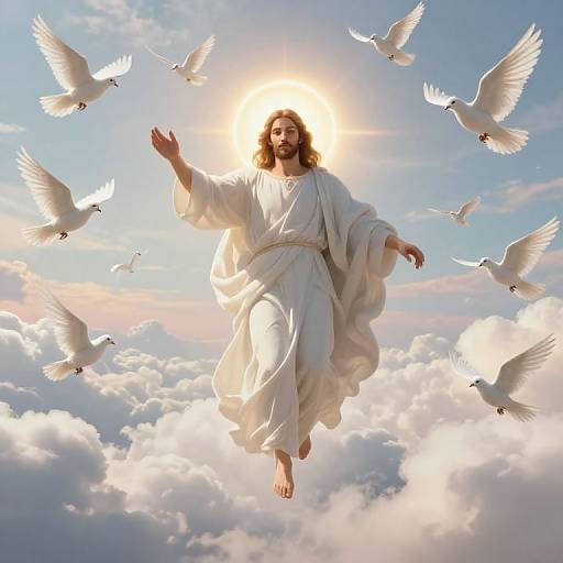 Photograph-style digital illustration of Jesus in white robe, surrounded by white doves, floating amidst clouds with sun halo, blue sky background.