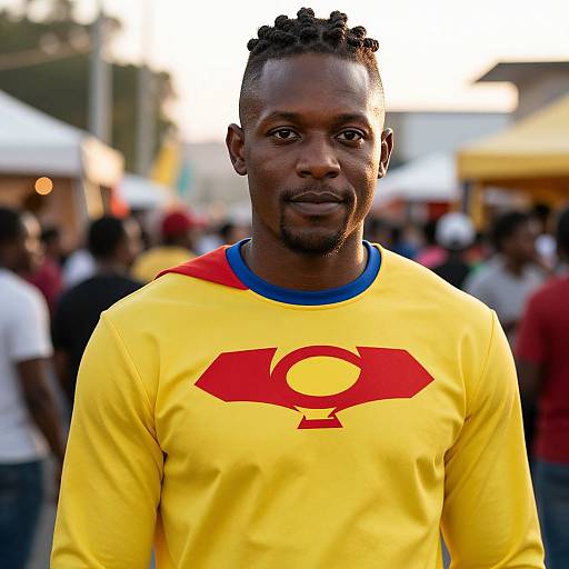 Photograph of a muscular Black man with short, twisted hair, wearing a yellow shirt with a red 