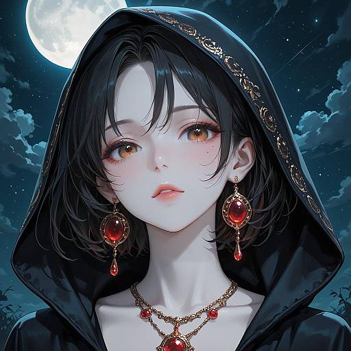 Anime Girl in Hood with Red Jewelry under Full Moon