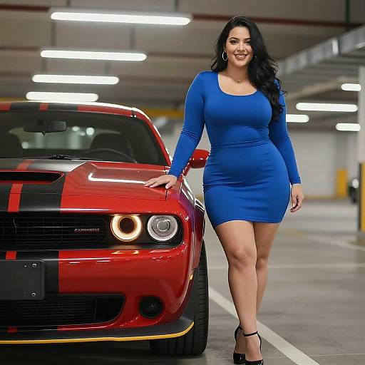 Curvy Woman Posing by Dodge Challenger