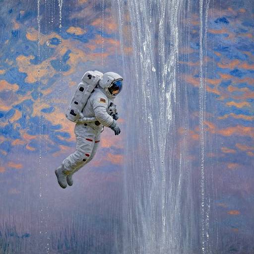 Astronaut Amid Dreamlike Silver Cascades