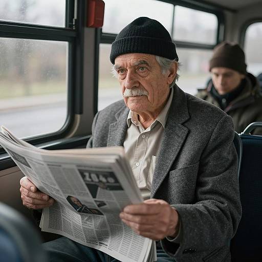 Elderly Man Reading Newspaper on Bus