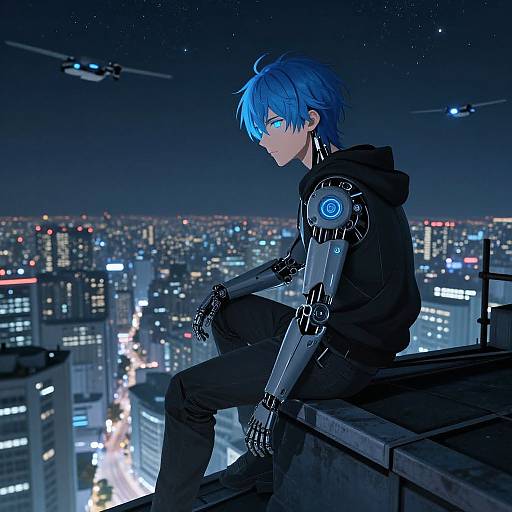 Cyborg Anime Man Overlooking Futuristic Cityscape at Night