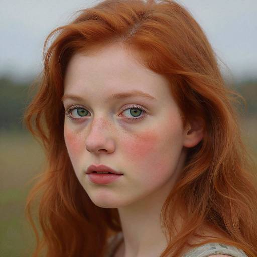 Photograph of a fair-skinned, freckled young woman with long, wavy red hair and green eyes, looking slightly to the left,