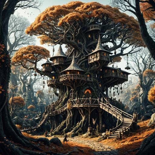 Elven Treehouse Village in Autumn Forest