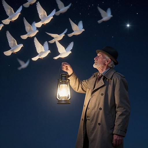 Photograph: Elderly man in trench coat and hat, illuminating night sky with lantern, white doves flying above, starry background.
