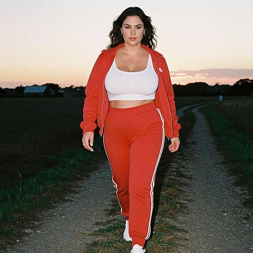 Photograph of a curvy woman with dark hair, wearing a red tracksuit jacket and pants, white sports bra, walking on a gravel path at