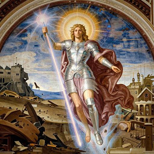 Digital artwork of a radiant, armored Jesus Christ holding a glowing sword, floating above a war-torn cityscape with ruins and buildings.