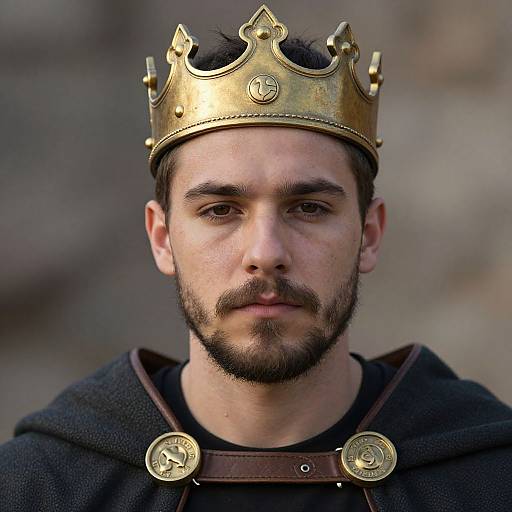 Photograph of a bearded man with dark hair, wearing a golden crown and black medieval robe, with a serious expression. Blurred stone background.