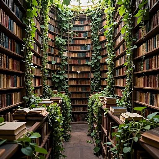 Photograph of a narrow, wooden library aisle with towering shelves of books, covered in green ivy vines and stacked books.