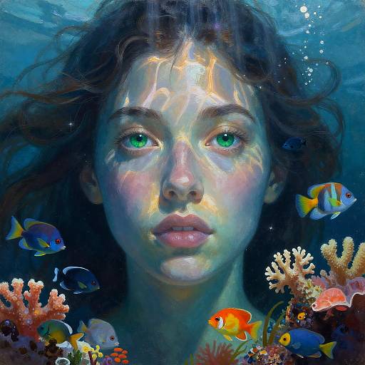 Digital painting of a young woman with green eyes, underwater, surrounded by colorful fish and coral, with sunlight beams on her face.