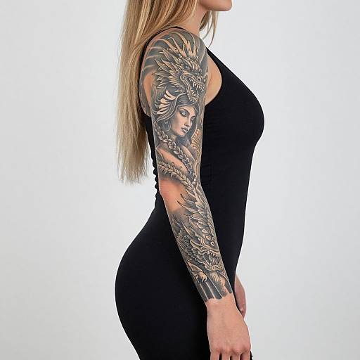 Photograph of a blonde woman in a black tank top, showcasing a detailed, grayscale tattoo sleeve with a goddess motif on her right arm. White background