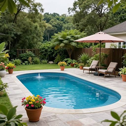 Photograph of a serene backyard pool with a curved blue design, surrounded by potted plants, lounge chairs, and a red umbrella. Lush green