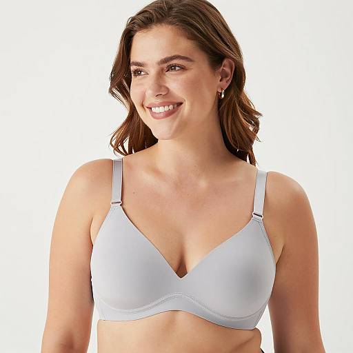 Smiling Woman in Light Gray Bra