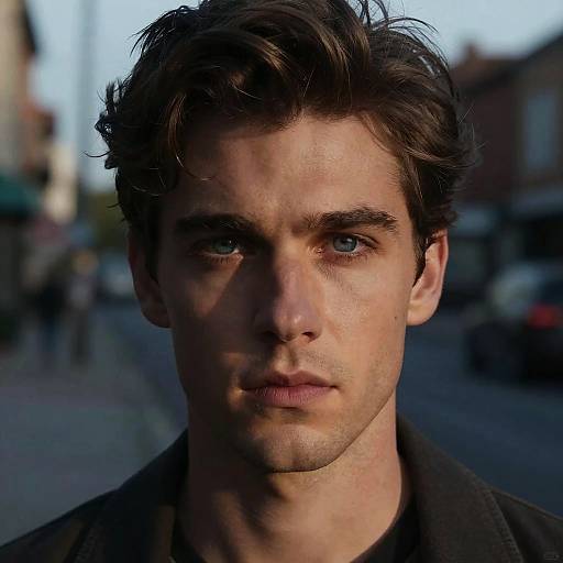 Photograph of a handsome, young Caucasian man with tousled brown hair, piercing blue eyes, and a serious expression, standing outdoors on a blurred street