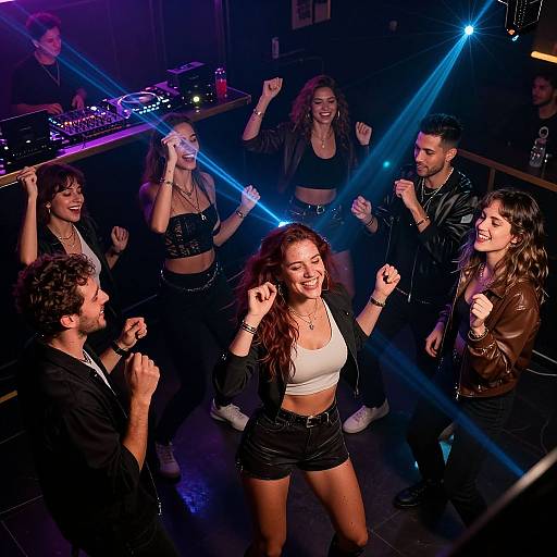 Photograph of a lively nightclub scene with eight young adults dancing under blue and purple laser lights. They wear casual, edgy outfits; one woman in
