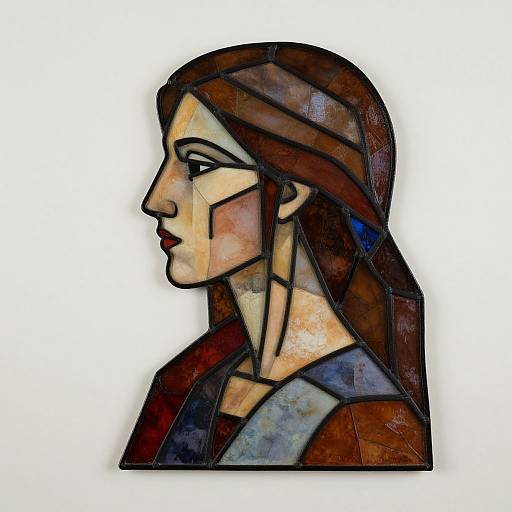 Stylized digital portrait of a woman in profile, featuring mosaic-like colors and geometric lines, with long brown hair and a serious expression.