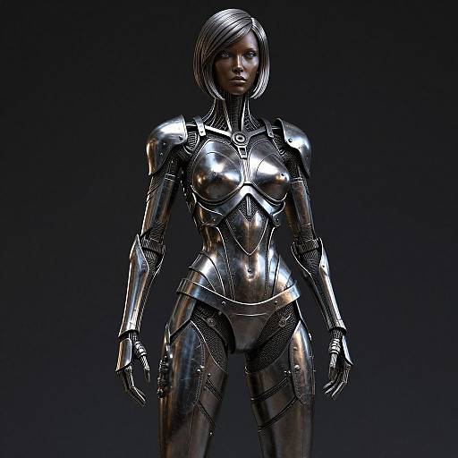 CGI image of a sleek, silver, humanoid robot woman with short, metallic hair, standing against a dark background, showcasing reflective, armor-like body