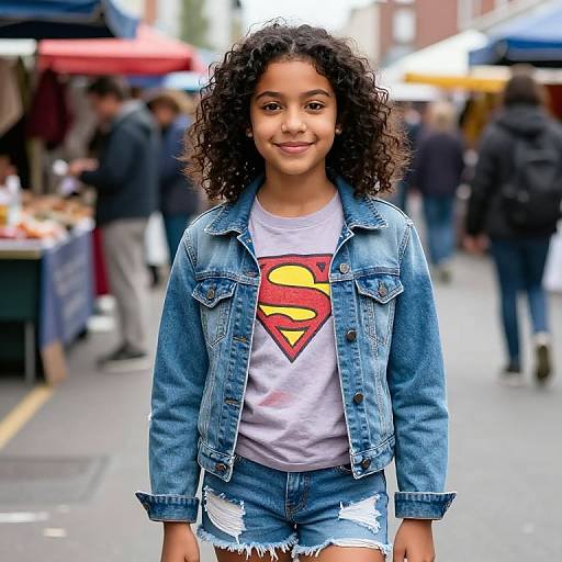 Photograph of a smiling young girl with curly hair, wearing a denim jacket, white Superman shirt, and distressed denim shorts, standing in a bustling outdoor