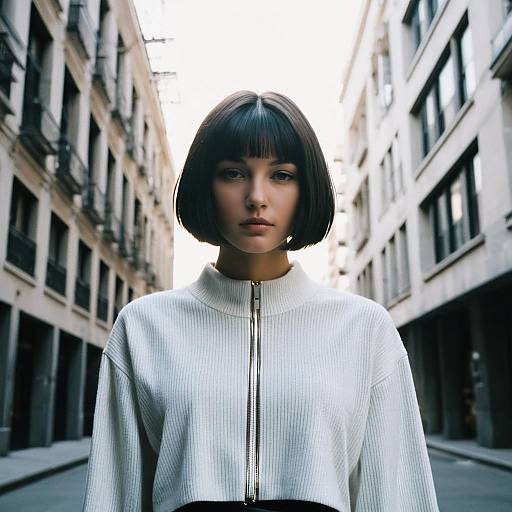 Fashion influencer with inverted bob hairstyle