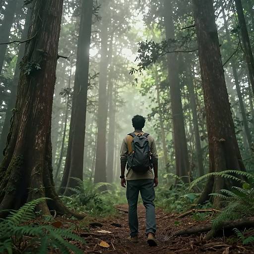 Photograph of a man with a backpack, standing on a forest trail, surrounded by tall redwood trees and ferns, sunlight filtering through.