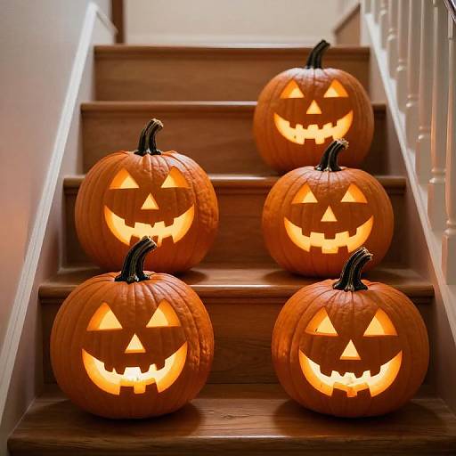 Intricately Carved Glowing Halloween Pumpkins