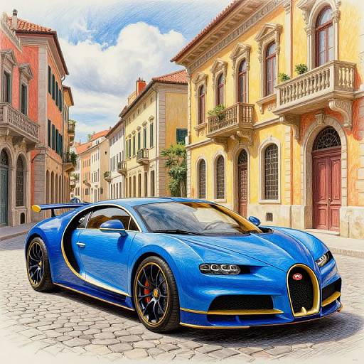 Photorealistic image of a bright blue, aerodynamic sports car with black rims and a large rear spoiler parked on a cobblestone street in a