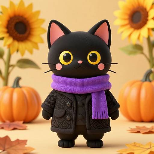Charming Black Cat in Autumn Outfit