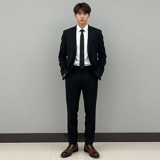 Photograph of a young man with short brown hair, wearing a black suit, white dress shirt, black tie, and brown leather shoes, standing against