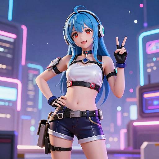 Digital anime-style illustration of a blue-haired girl with red eyes, wearing headphones, white crop top, black shorts, and fingerless gloves, flashing a