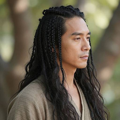 Photograph of a young Asian man with long, black, braided hair, wearing a brown, textured shirt, looking to the right against a blurred