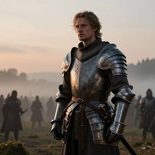 Photograph-style CGI of a blonde, serious-looking knight in reflective silver armor standing amidst a misty battlefield at sunrise.