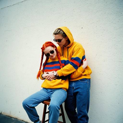 Young Couple in Matching Yellow Outfits Hugging