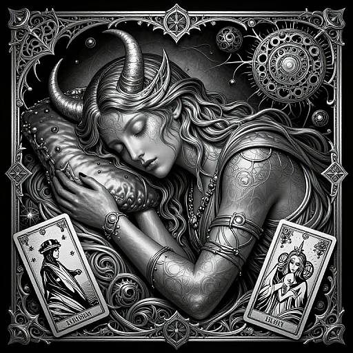 Digital black-and-white drawing of a sleeping, horned elf woman with intricate tattoos, holding cards, surrounded by ornate, celestial patterns.
