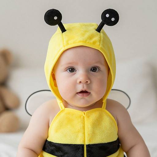 Photograph of a baby with fair skin, blue eyes, wearing a yellow bee costume with black stripes and antennae, sitting on a white bed with