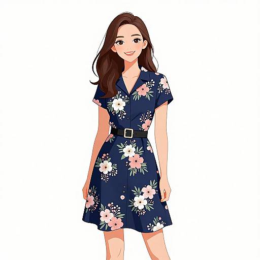 Digital anime-style drawing of a smiling young woman with long brown hair, wearing a navy blue floral dress with white and pink flowers, and a black belt