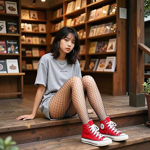 Photograph of an Asian woman with shoulder-length black hair, wearing a gray T-shirt, black fishnet tights, and red Converse sneakers,