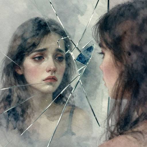 Photorealistic digital painting of a young girl with sad eyes staring at her broken, cracked reflection in a mirror.