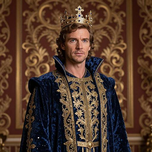 Photograph of a bearded man with curly brown hair, wearing an ornate gold crown and luxurious blue velvet robe with intricate gold embroidery, standing before