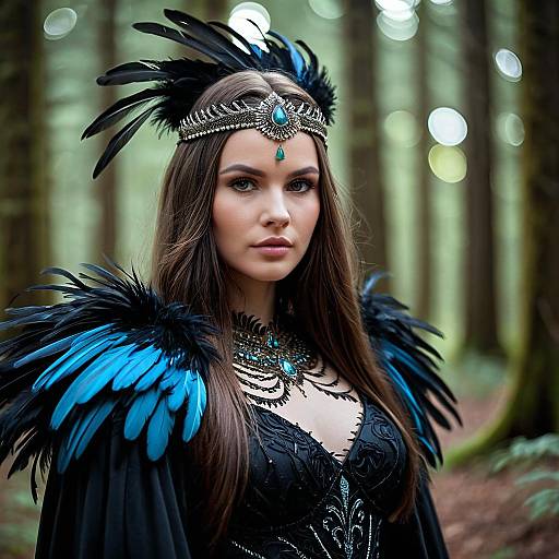 Fantasy Woman in Black Feathered Dress