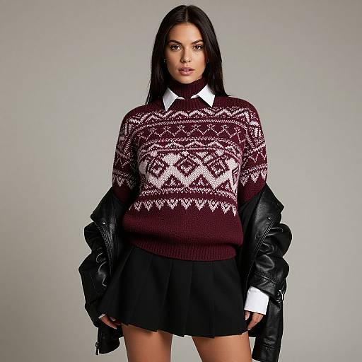 Photograph of a confident woman with long black hair, wearing a maroon knit sweater with white geometric patterns, black skirt, white shirt, and black