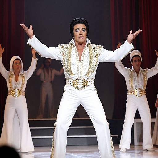 Photograph of a male dancer in a white, gold-embellished suit, center stage, arms outstretched, flanked by two female