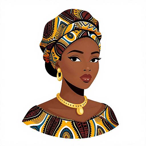 Digital illustration of a dark-skinned African woman with patterned headwrap, yellow and black dress, gold earrings, and necklace, looking forward.