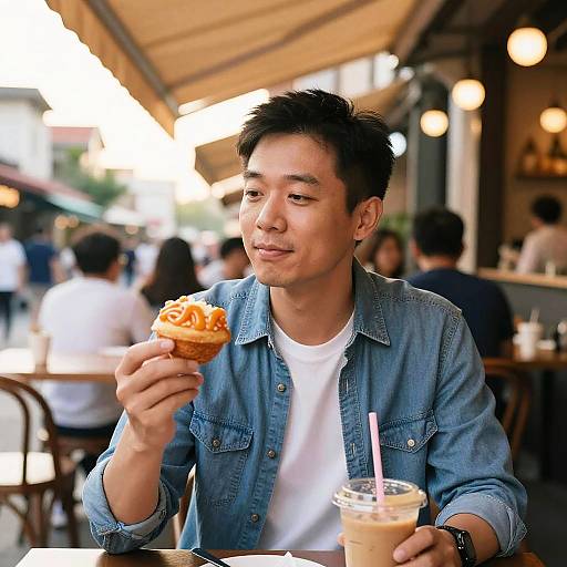 Photograph of an Asian man with short black hair, wearing a blue denim shirt and white t-shirt, eating a donut and drinking iced coffee