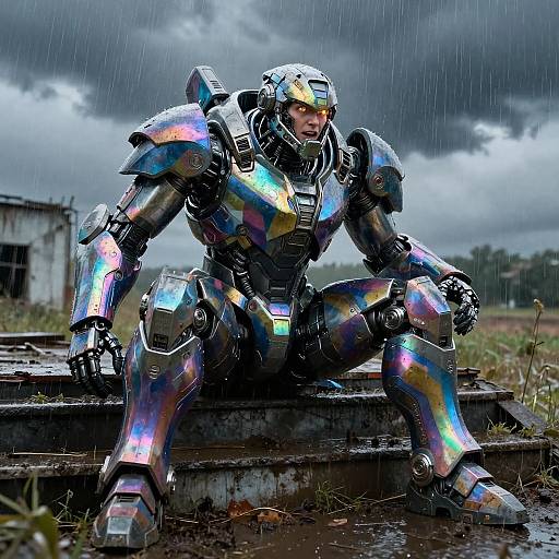 Photorealistic digital artwork of a muscular, rainbow-hued, armored cyborg warrior sitting on a rain-soaked, abandoned railway track under a storm