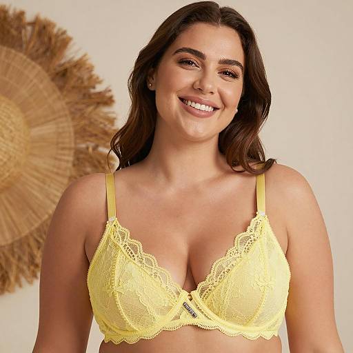 Smiling Woman Wearing Yellow Lace Bra