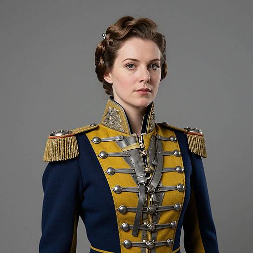 Photograph of a fair-skinned woman in an elaborate, yellow and navy military uniform with gold epaulettes and intricate buttons, set against a